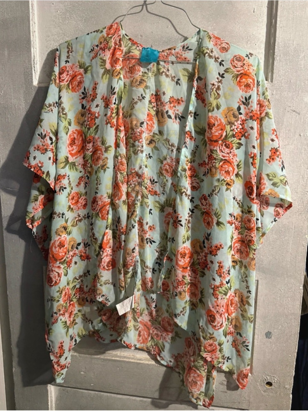 Floral Open-Front Kimono Cardigan - Light Blue with Coral Roses